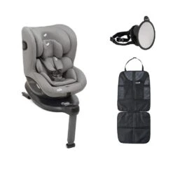 Joie I-Spin 360 I-Size Car Seat - Grey Flannel With Seat Protector And Back Seat Mirror